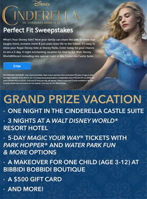 Enter for a chance to win a Walt Disney World vacation with one magical night in Cinderella’s castle!