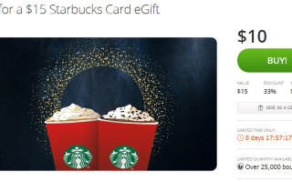 Starbucks Groupon: $15 egift card for $10!